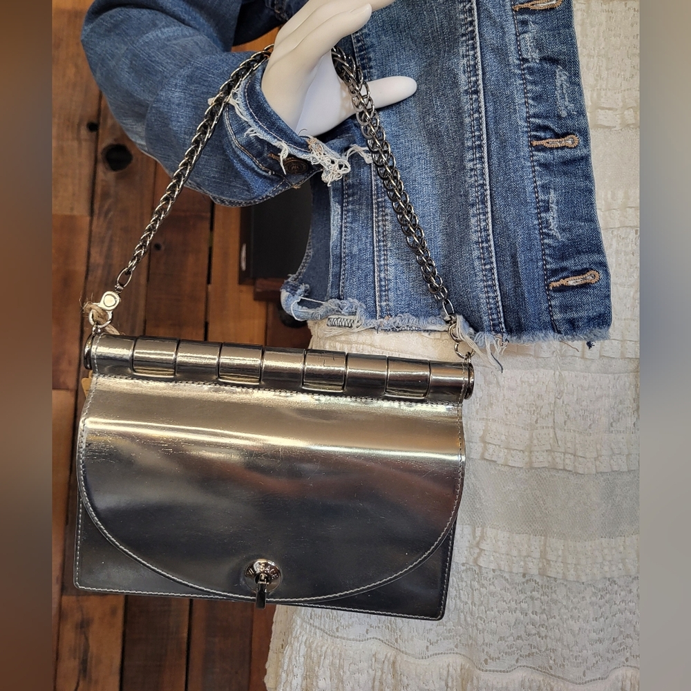 Versace Silver Mirrored Leather Flap Chain Shoulder Bag - Picture 4 of 16